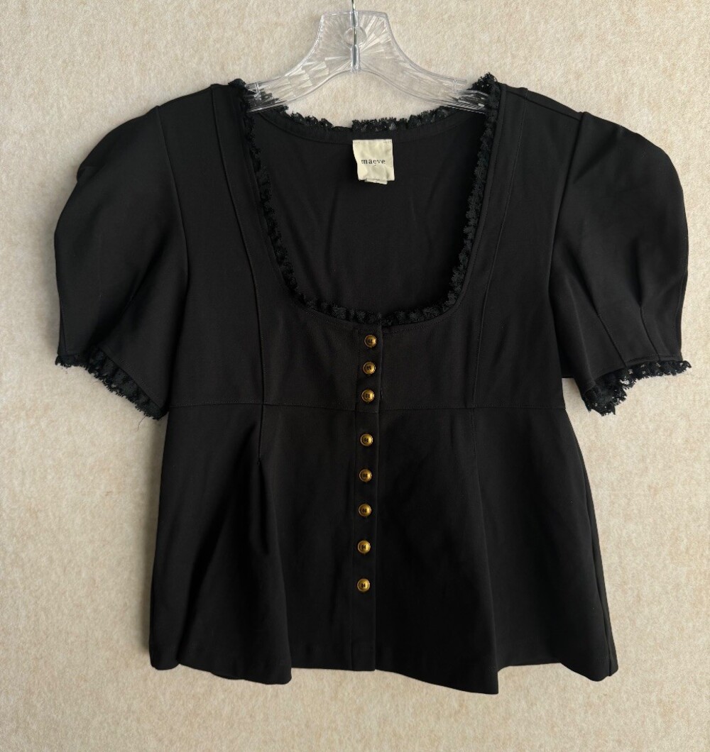 Maeve Anthropologie Black Lace Trim Peplum Top Women S Puff Sleeve Button Front